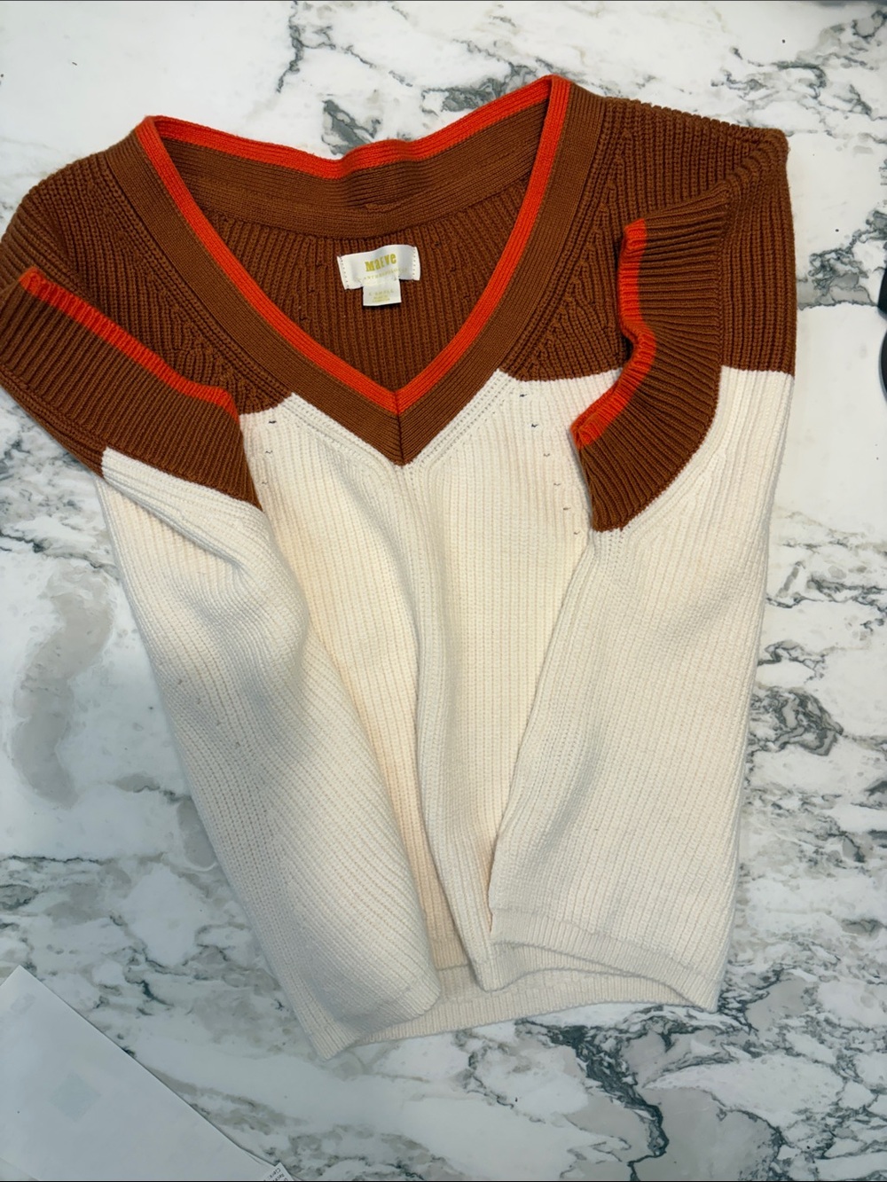 Anthropologie Cream, Brown & Orange V-Neck Colorblock Sweater